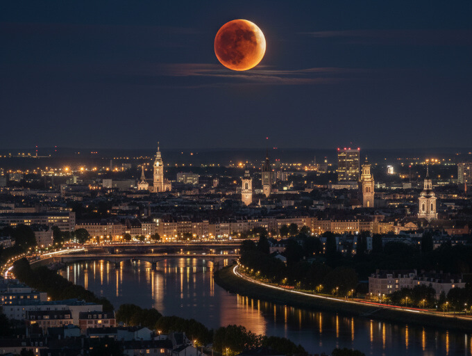 Lunar eclipse over a riverine city